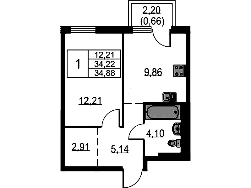 1-комнатная квартира 34.88 м², 10/17 эт., ЖК «Невская Долина»